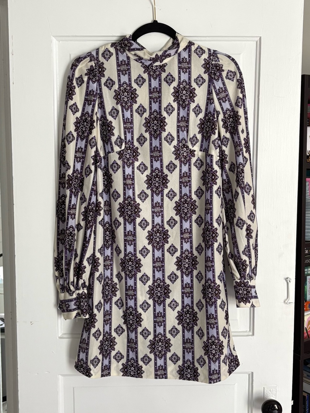 Vintage Cream & Purple Patterned Long-Sleeve Mini Dress